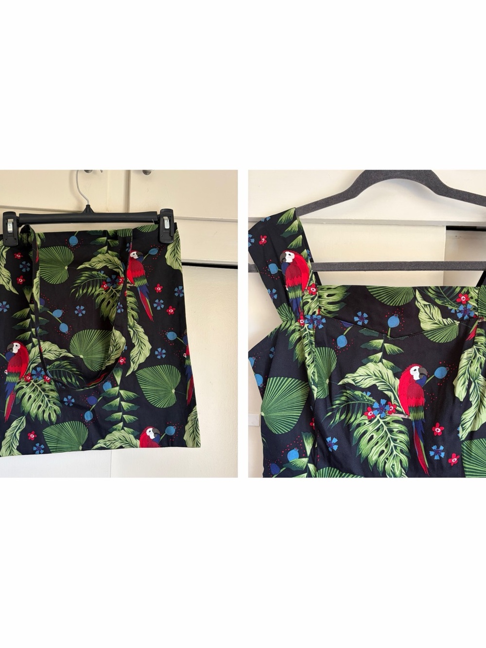Collectif Black Dress Tropical Print Parrots UK 10 US Small Matching tote & belt - Picture 5 of 16